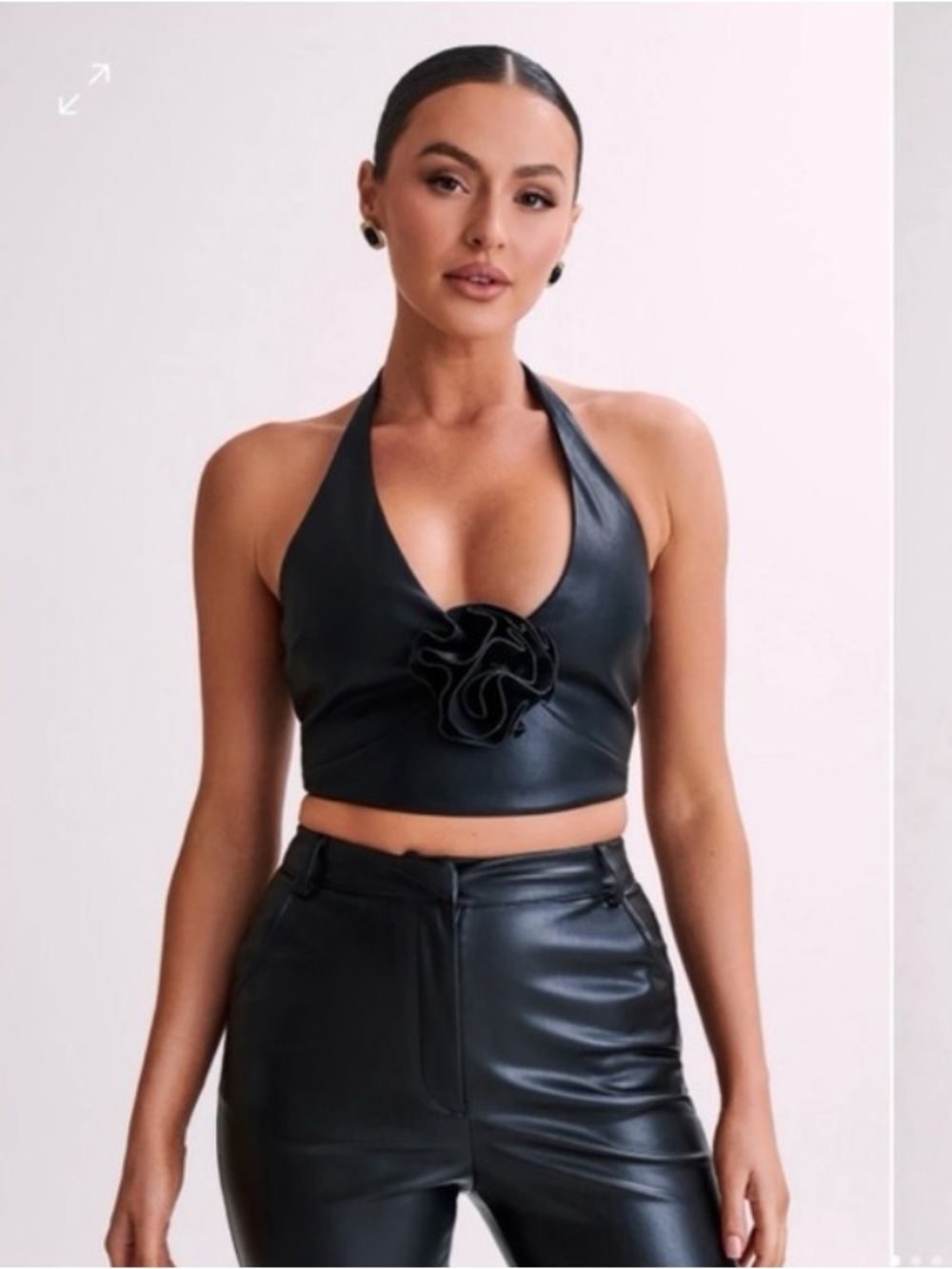 Meshki Black Faux Leather Rose Halter Crop Top